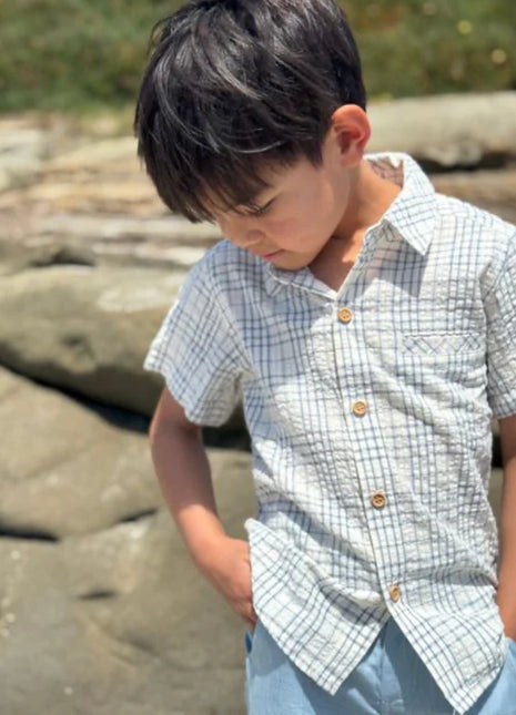 Model Wearing Me & Henry Newport Woven Shirt - Chambray/Cream Plaid
