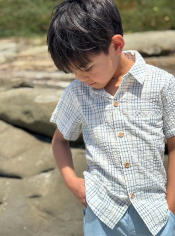 Model Wearing Me & Henry Newport Woven Shirt - Chambray/Cream Plaid