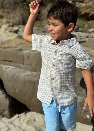 Model Wearing Me & Henry Newport Woven Shirt - Chambray/Cream Plaid
