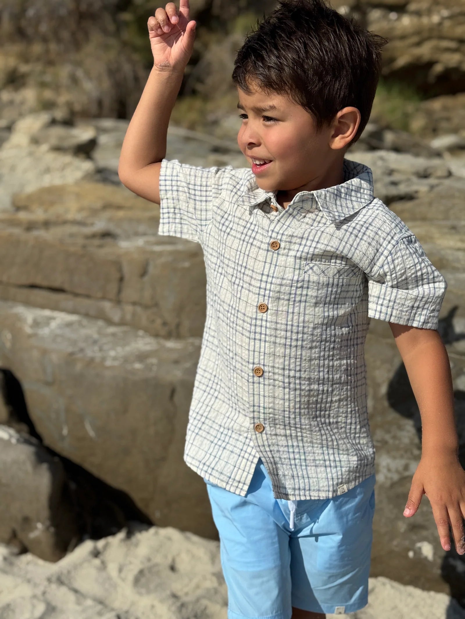 Model Wearing Me & Henry Newport Woven Shirt - Chambray/Cream Plaid