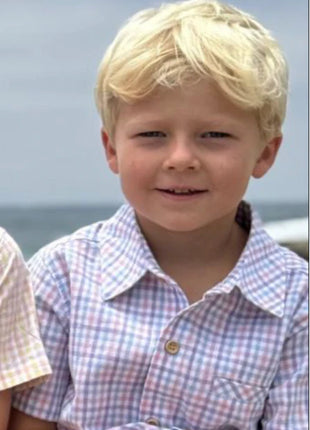 Model Wearing Me & Henry Newport Woven Shirt - Pink/Blue/Lilac Plaid