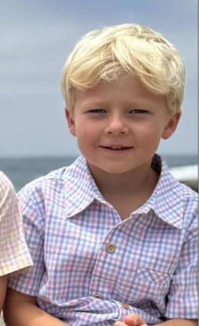 Model Wearing Me & Henry Newport Woven Shirt - Pink/Blue/Lilac Plaid