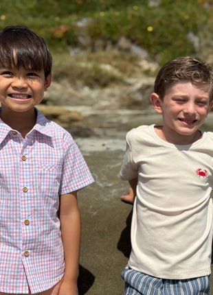 Model Wearing Me & Henry Newport Woven Shirt - Pink/Blue/Lilac Plaid
