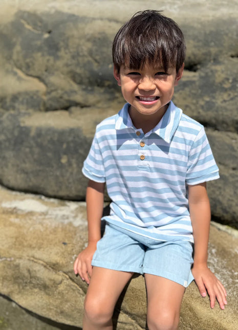 Model Wearing Me & Henry Crew Woven Pale Chambray Shorts