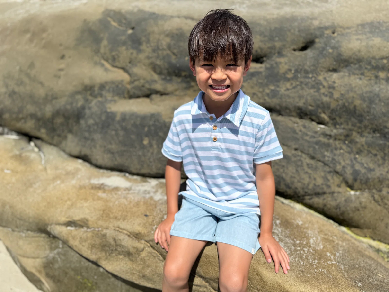 Model Wearing Me & Henry Crew Woven Pale Chambray Shorts