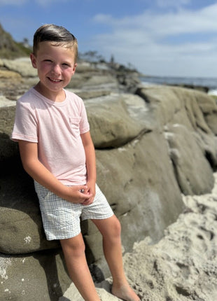 Model Wearing Me & Henry Crew Woven Shorts - Chambray Cream Plaid 