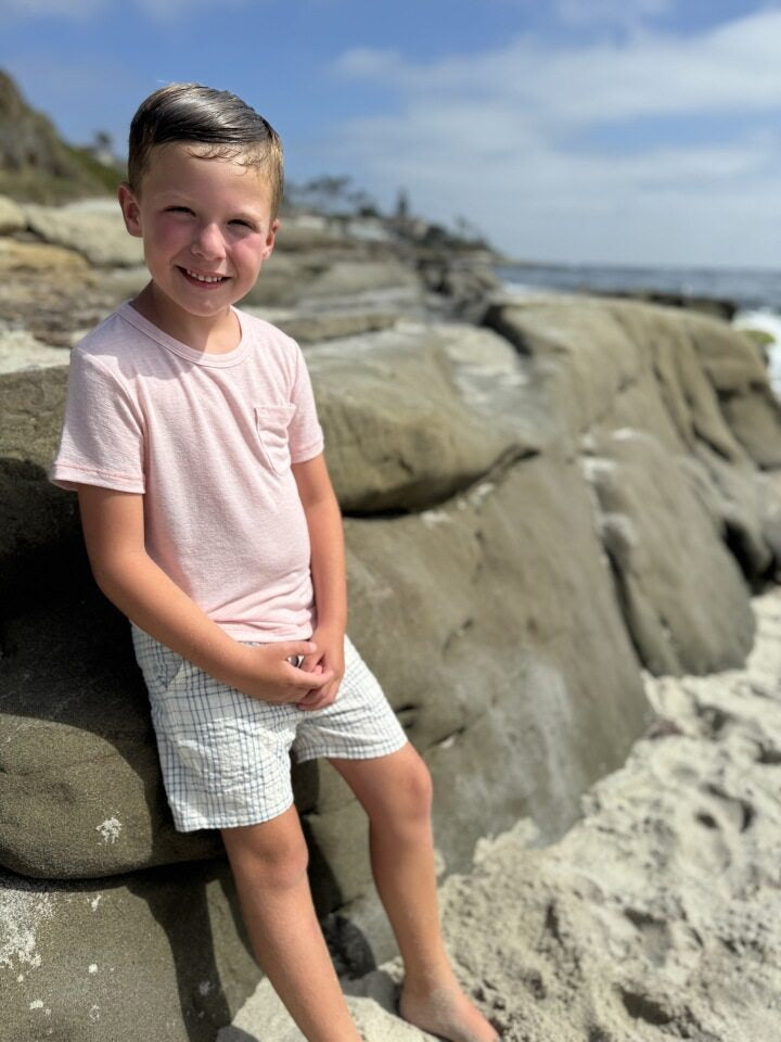 Model Wearing Me & Henry Crew Woven Shorts - Chambray Cream Plaid 