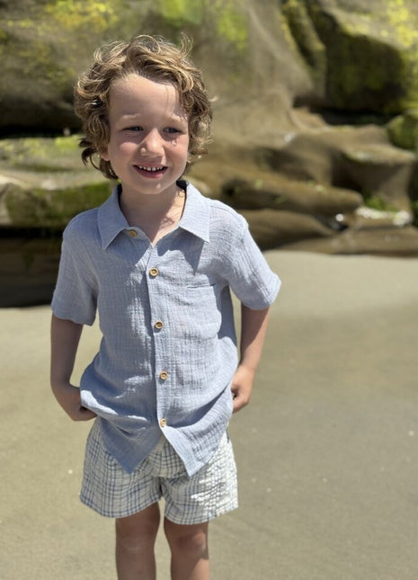 Model Wearing Me & Henry Crew Woven Shorts - Chambray Cream Plaid