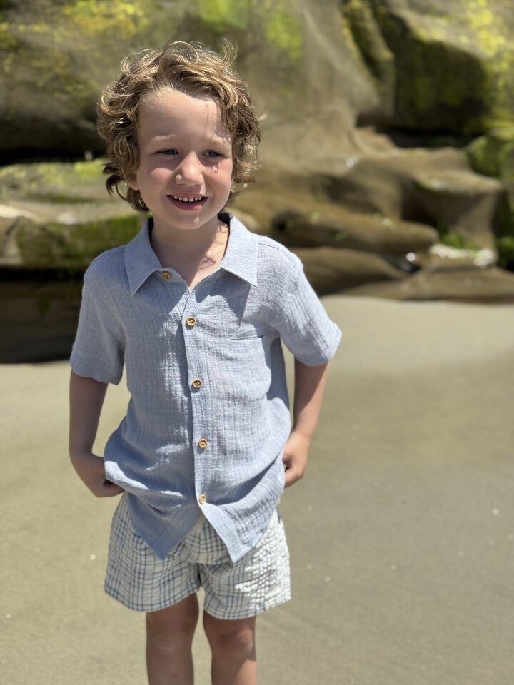 Model Wearing Me & Henry Crew Woven Shorts - Chambray Cream Plaid