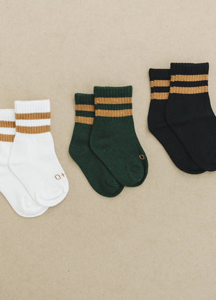 Olive and Scout Crew socks brown stripe 3-pack flatlay