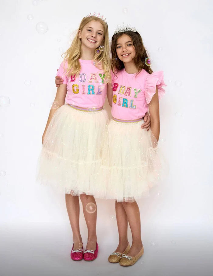 Models wearing Lola And The Boys PINK BIRTHDAY GIRL GEM T-SHIRT