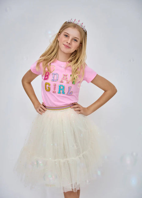 Model wearing Lola And The Boys PINK BIRTHDAY GIRL GEM T-SHIRT