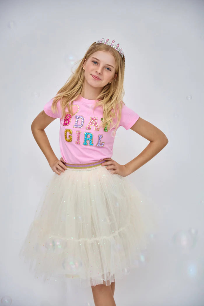 Model wearing Lola And The Boys PINK BIRTHDAY GIRL GEM T-SHIRT