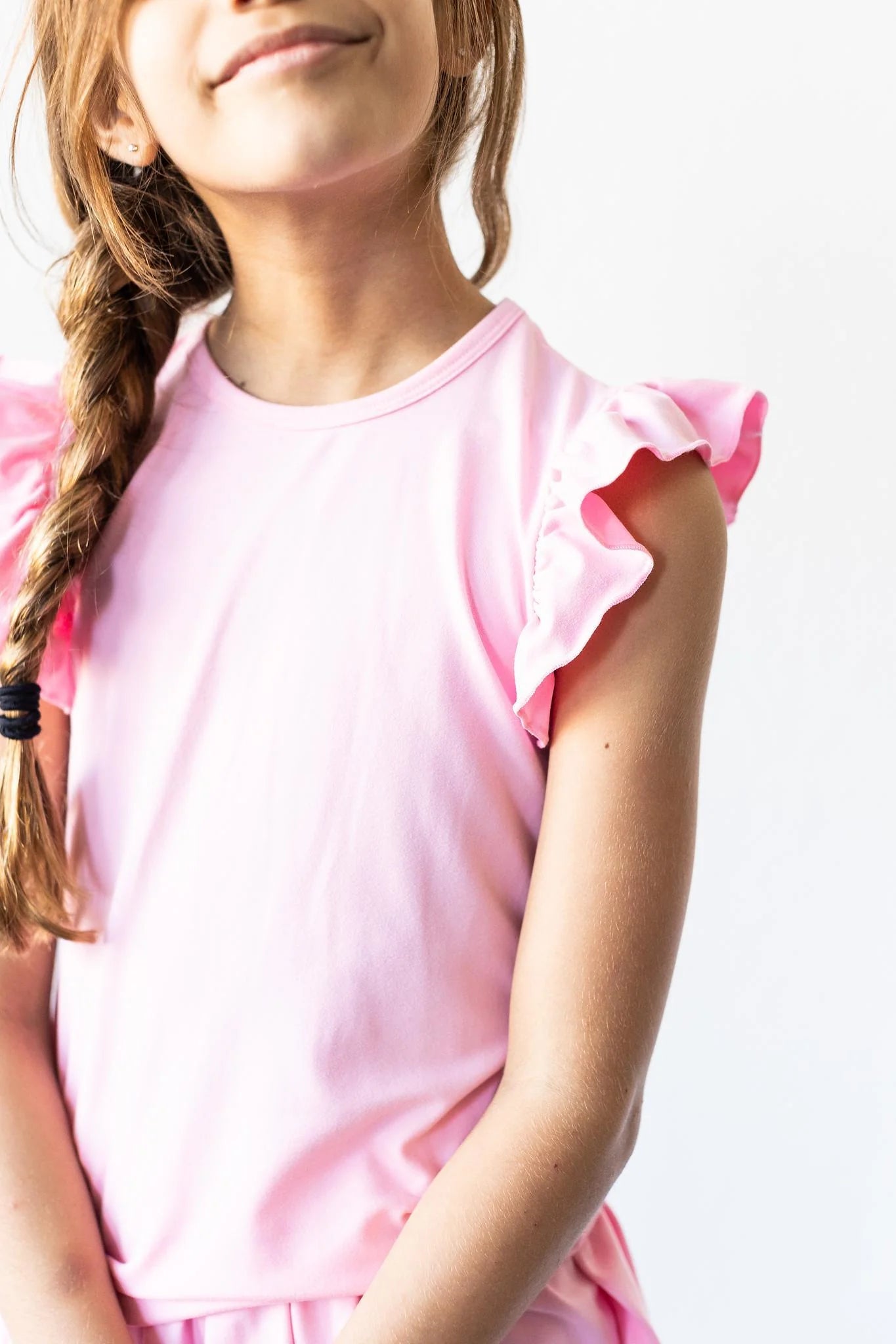 Model Wearing Mila & Rose Bubblegum Pink Ruffle Tee