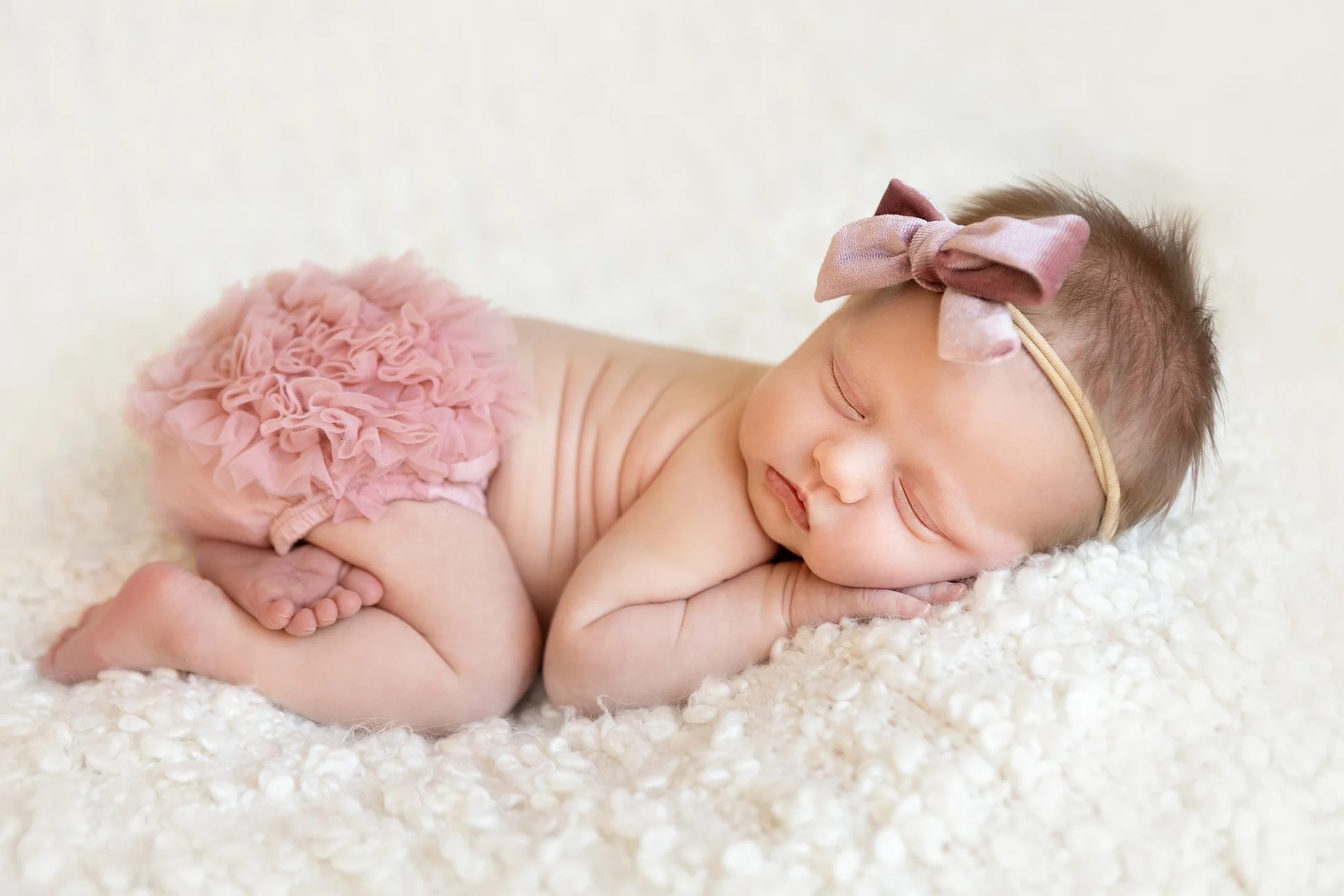 Model Wearing Mila & Rose Vintage Pink Ruffle Bum Bloomer