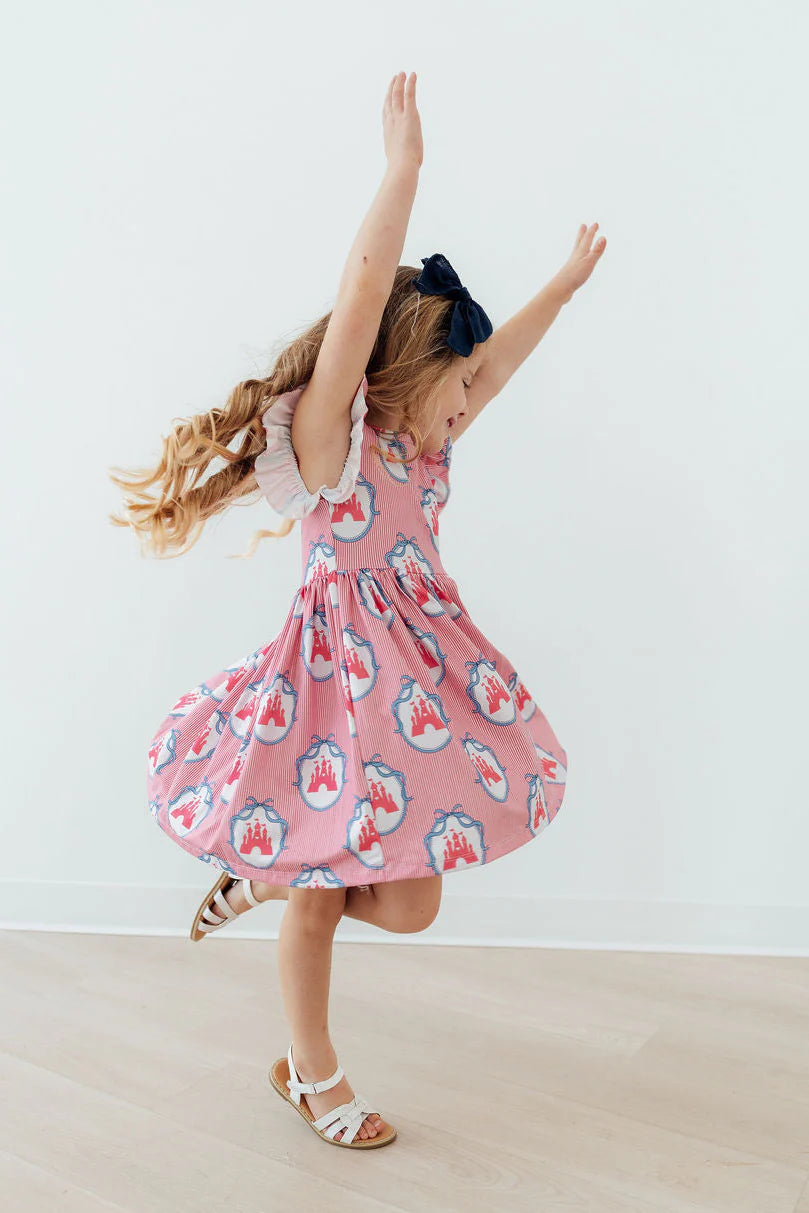 Model Wearing Mila & Rose Once Upon A Castle Flutter Sleeve Twirl Dress