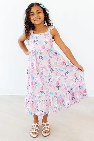 Model Wearing Mila & Rose Beachside Bows Ruffle Maxi Dress