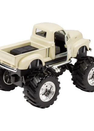 A beige Chevy pickup monster truck toy with its passenger door open.