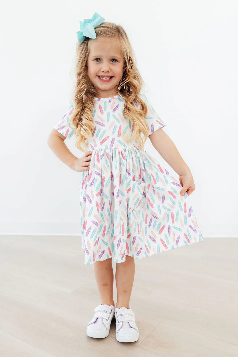 Model Wearing Mila & Rose COLOR CRAYONS S/S POCKET TWIRL DRESS