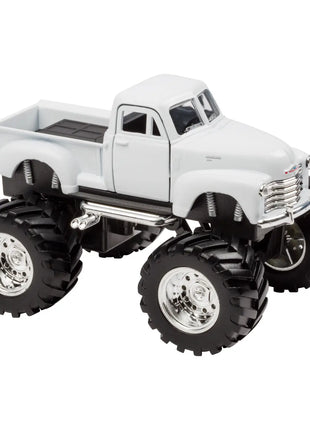 A side view of a white Chevy pickup monster truck toy.