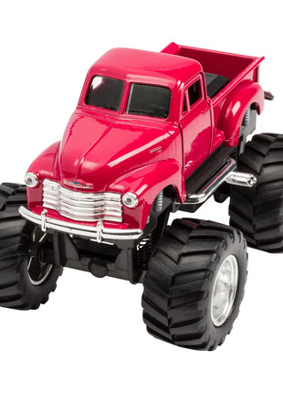 A red Chevy pickup monster truck toy shown from above.