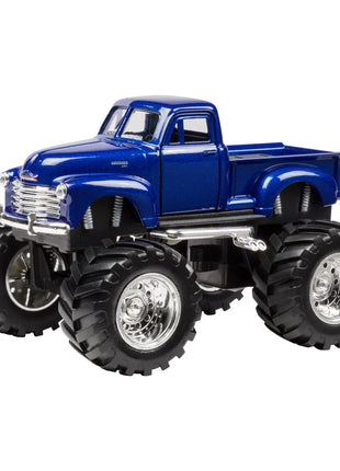 A side view of a blue Chevy pickup monster truck toy.
