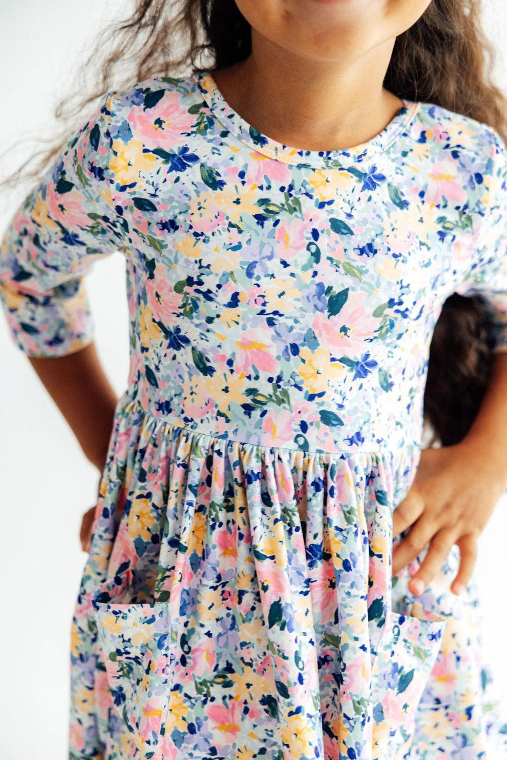 Model Wearing Mila & Rose Fall Floral 3/4 Sleeve Pocket Twirl Dress