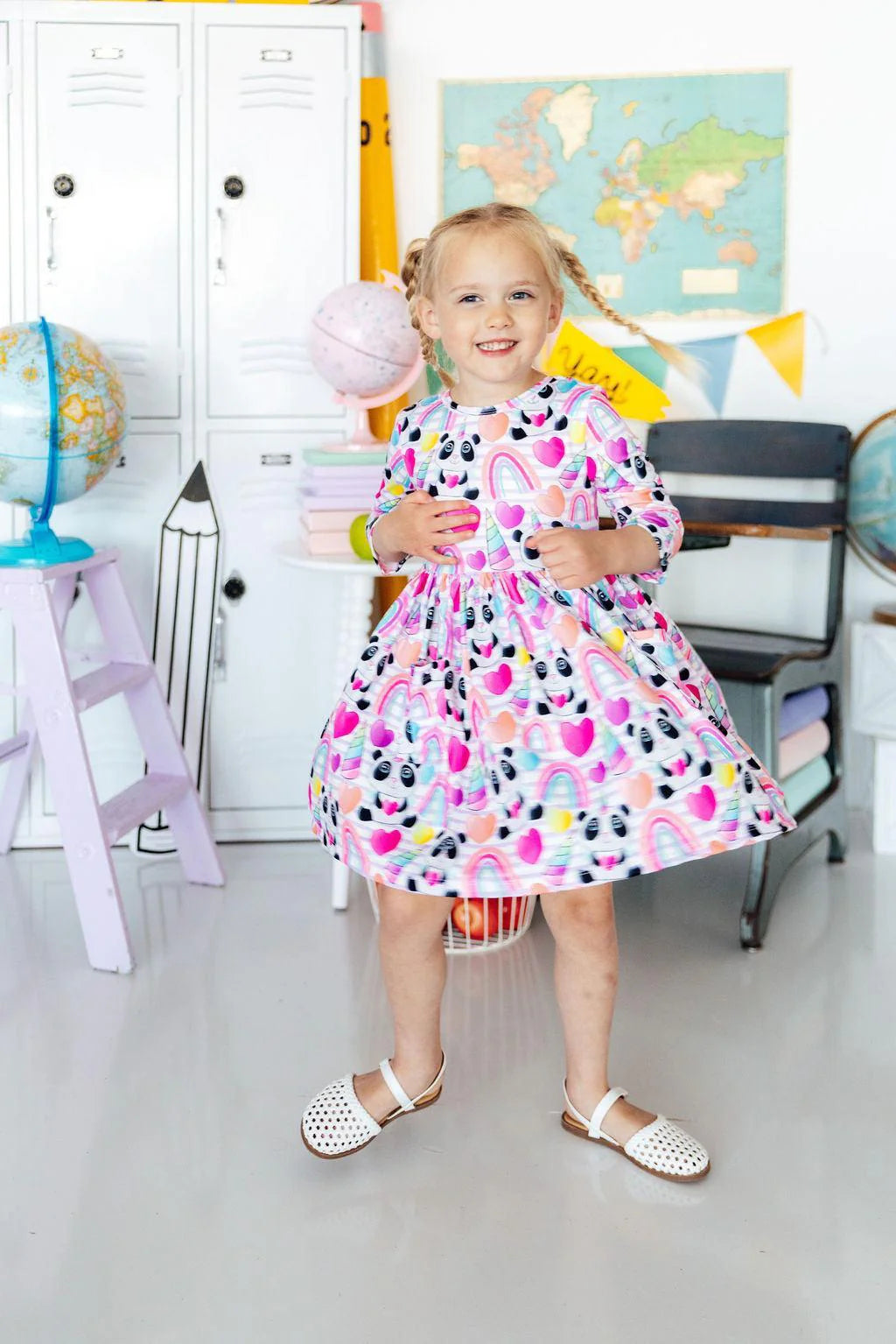 Model Wearing Mila & Rose Peace, Love & Pandacorns 3/4 Sleeve Pocket Twirl Dress