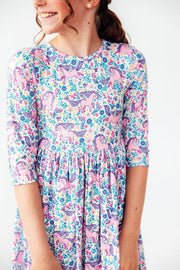 Model Wearing Mila & Rose Head In The Clouds 3/4 Sleeve Pocket Twirl Dress