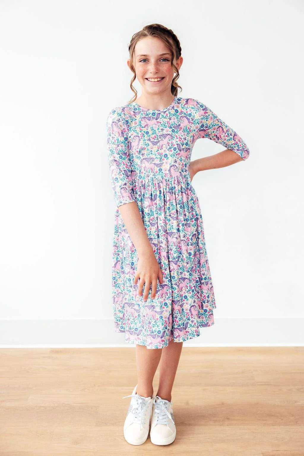 Model Wearing Mila & Rose Head In The Clouds 3/4 Sleeve Pocket Twirl Dress