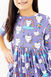 Model Wearing Kitties In The Clouds 3/4 Sleeve Pocket Twirl Dress