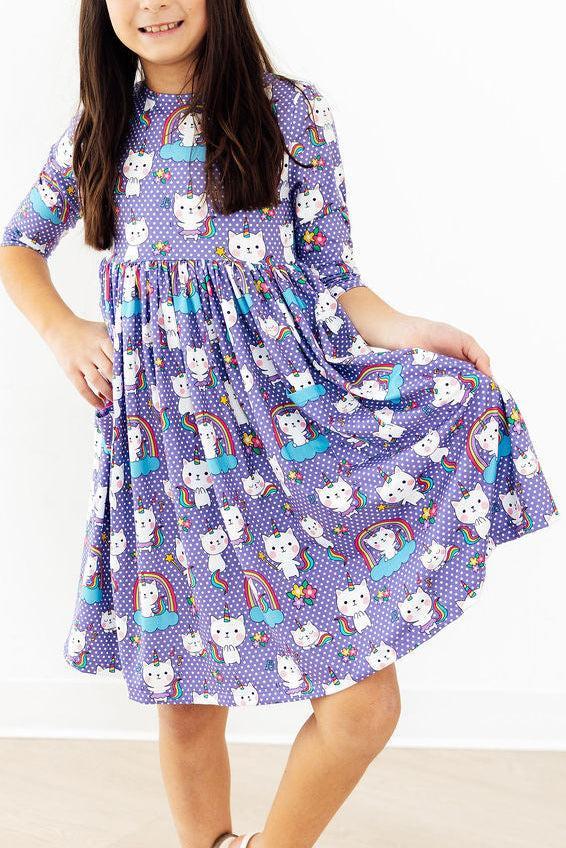 Model Wearing Kitties In The Clouds 3/4 Sleeve Pocket Twirl Dress