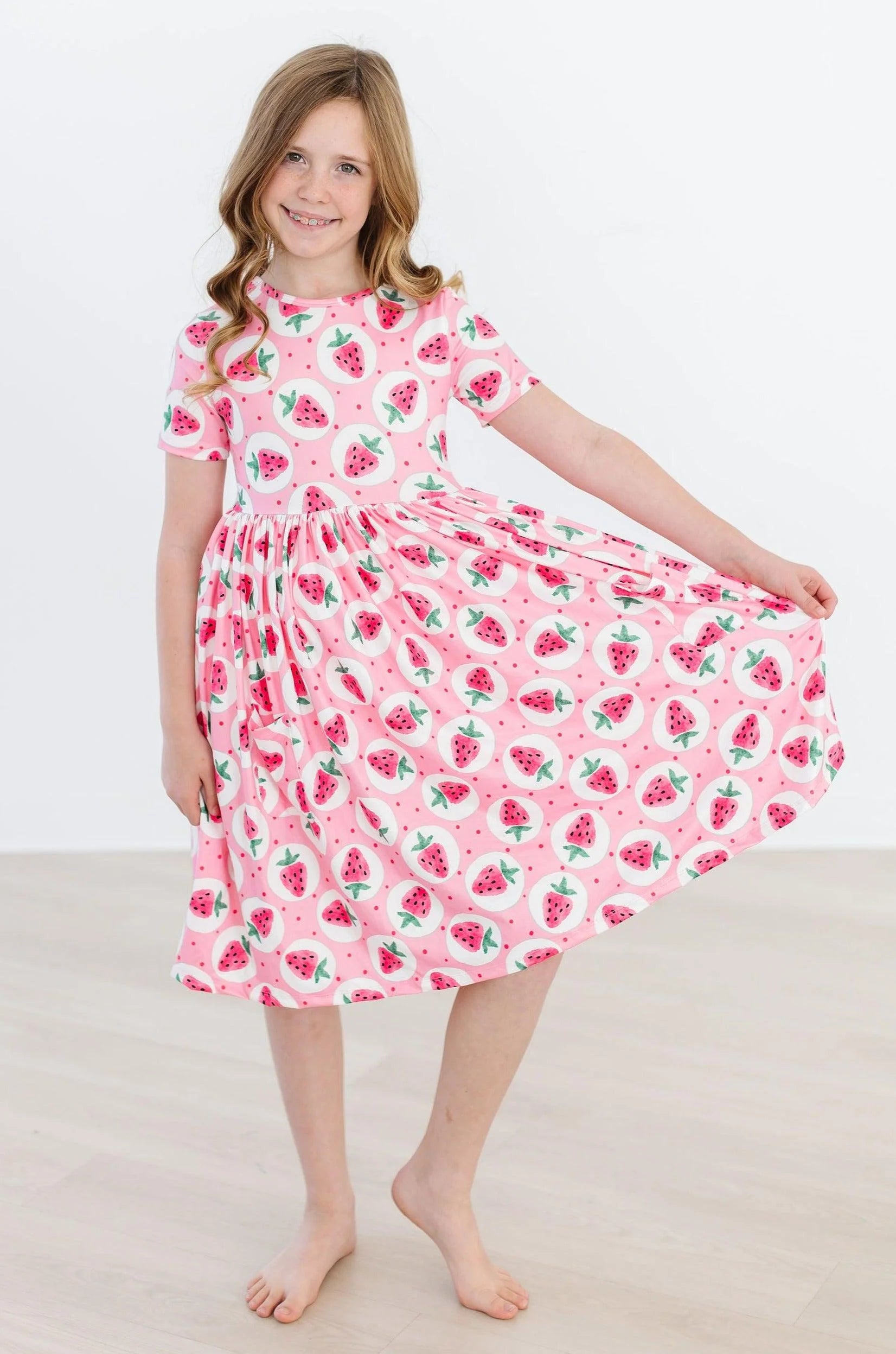 Model Wearing Mila & Rose Strawberry Fields Pocket Twirl Dress