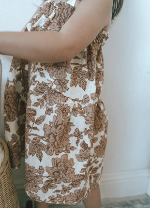 Tan Floral Linen Dress