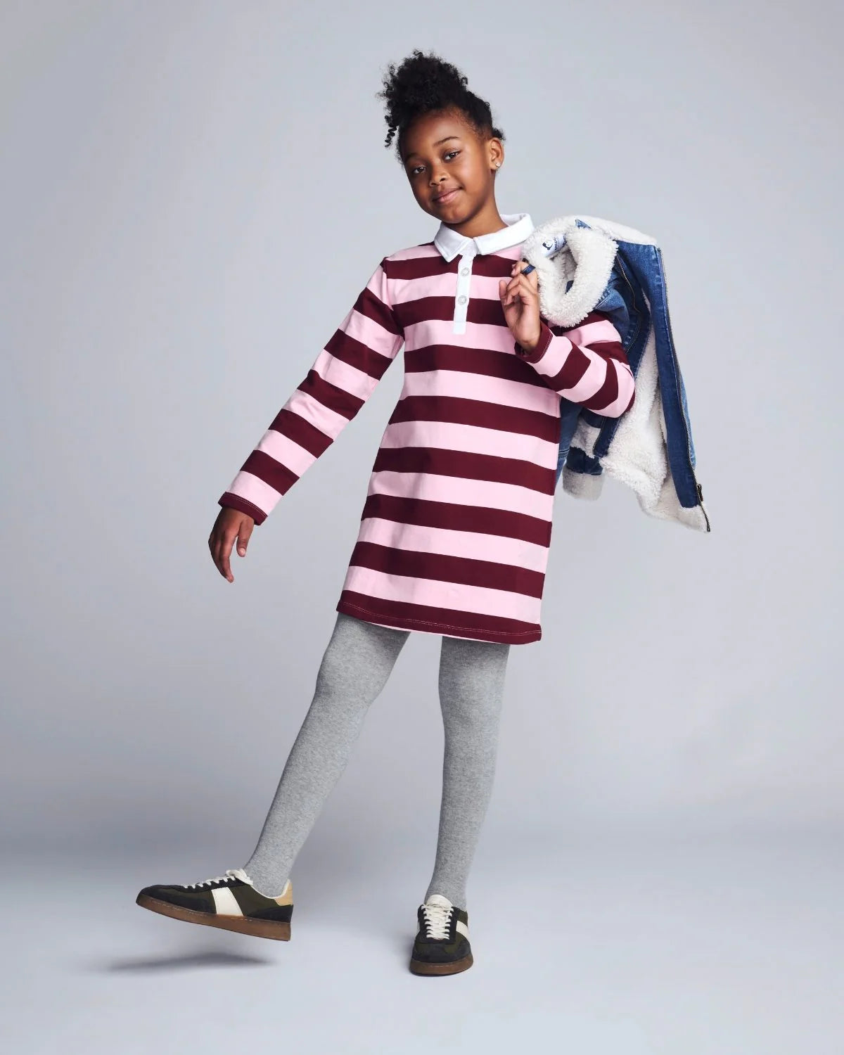 Model Wearing Appaman Quinn Oversized Dress - Pink Stripes 