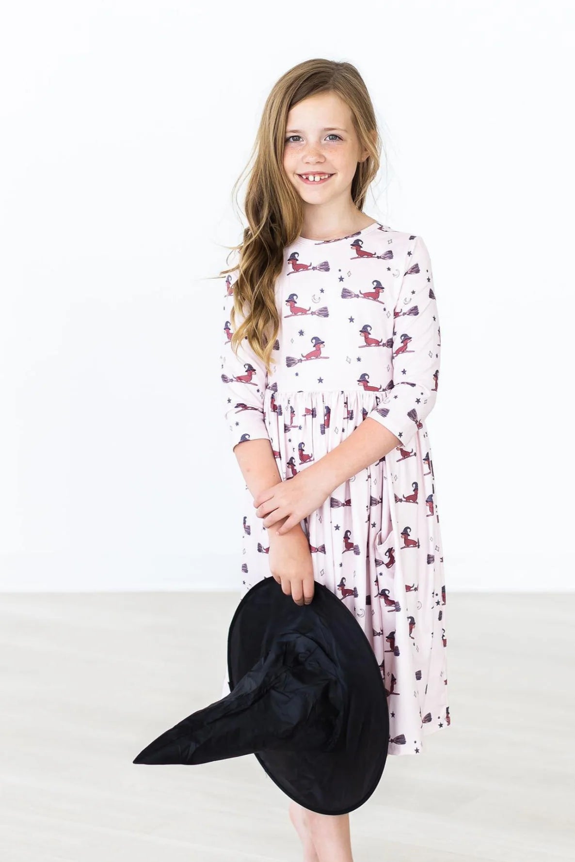 Model Wearing Mila & Rose Happy Howl-oween 3/4 Sleeve Twirl Dress