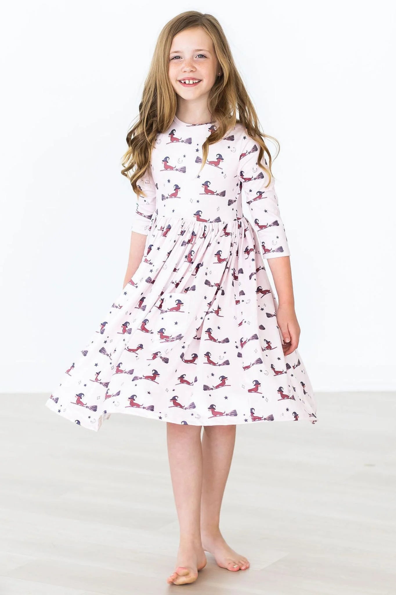 Model Wearing Mila & Rose Happy Howl-oween 3/4 Sleeve Twirl Dress