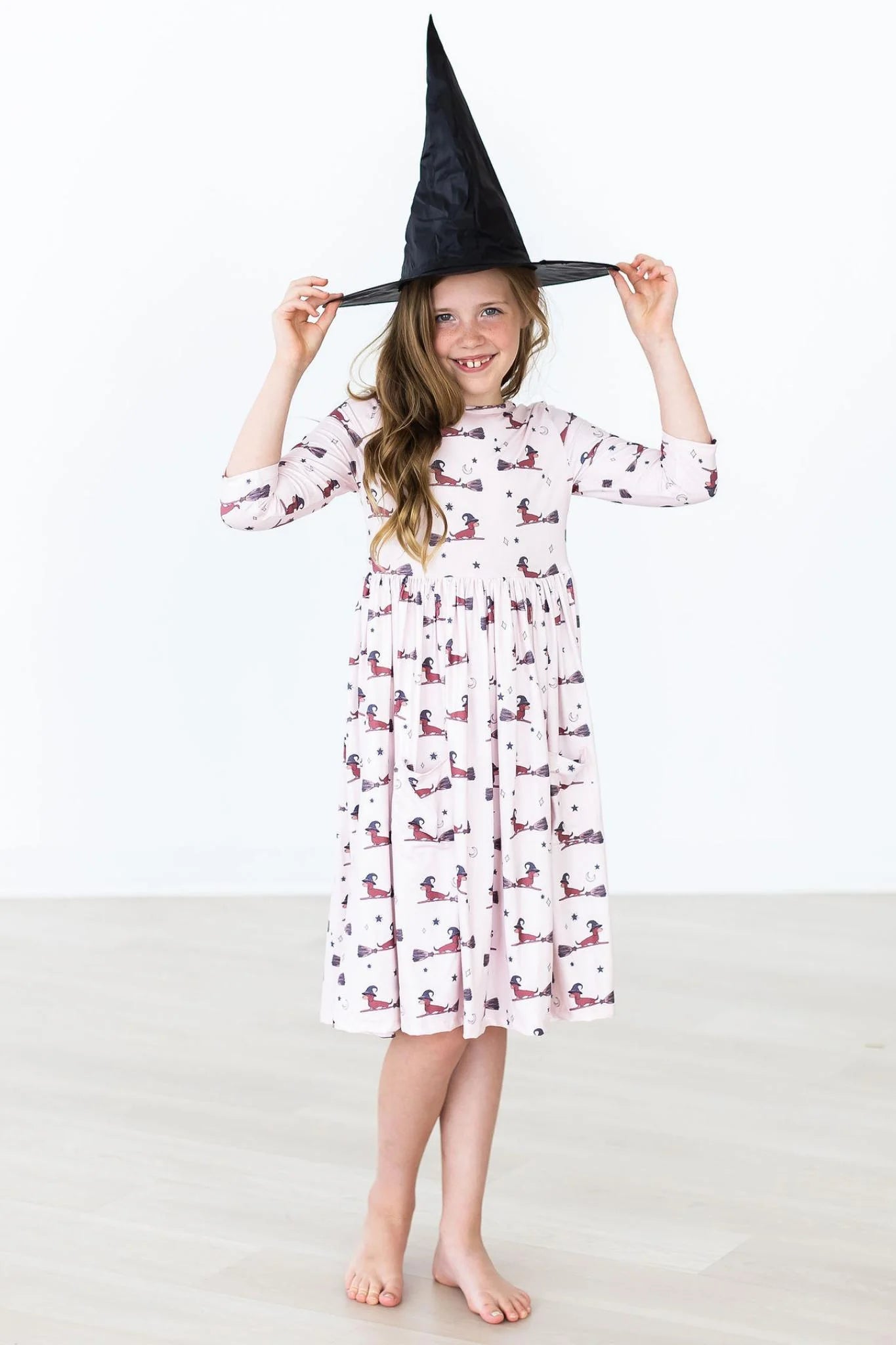 Model Wearing Mila & Rose Happy Howl-oween 3/4 Sleeve Twirl Dress