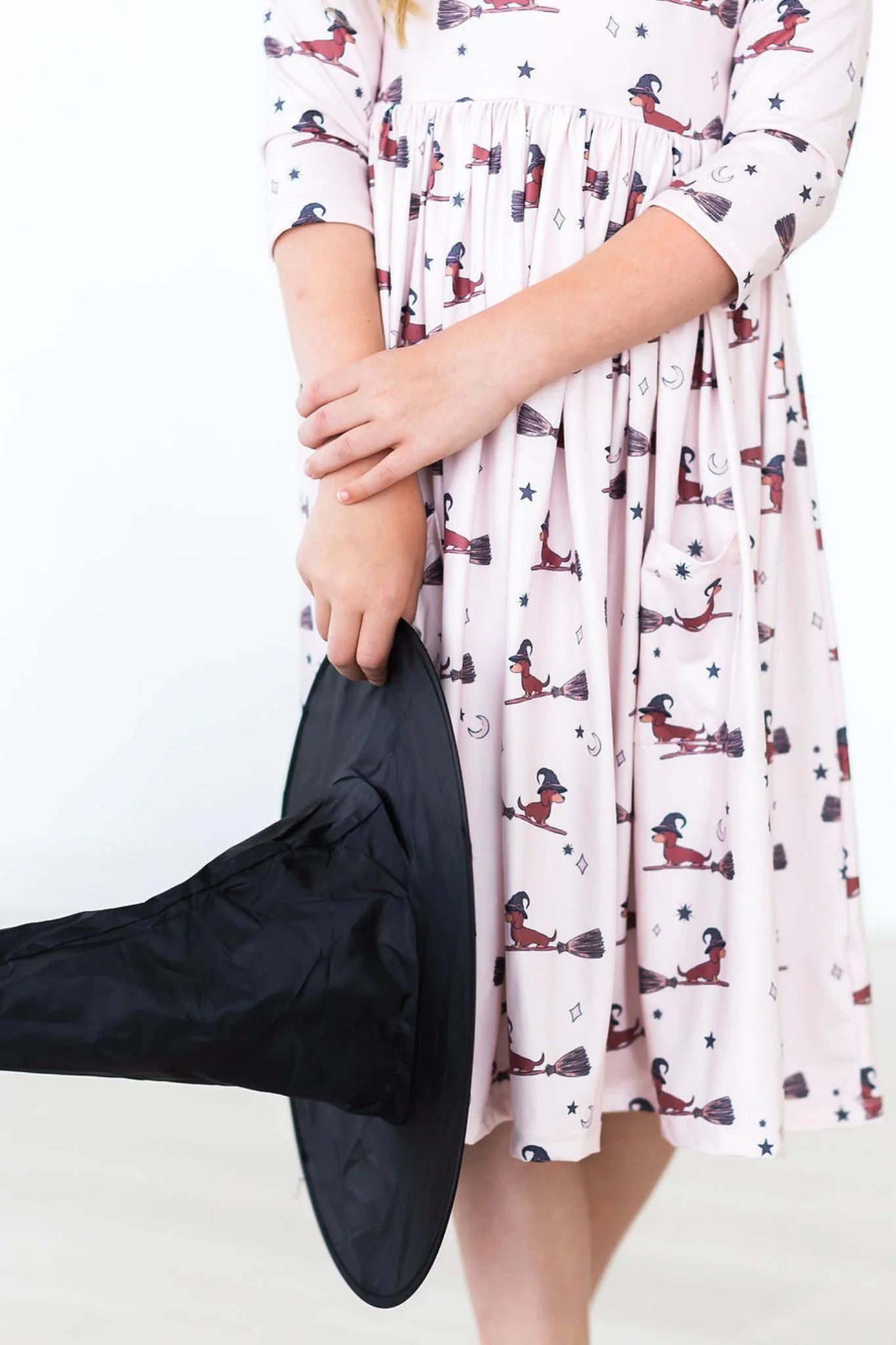 Model Wearing Mila & Rose Happy Howl-oween 3/4 Sleeve Twirl Dress