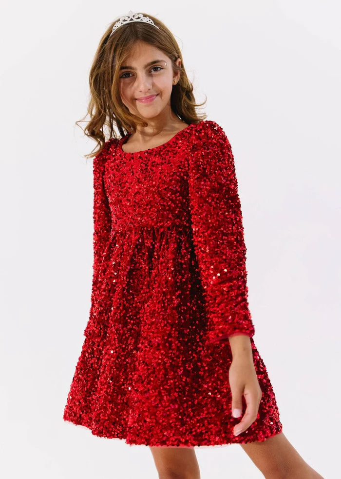 Model Wearing Lola And The Boys Ruby Party Shimmer Dress