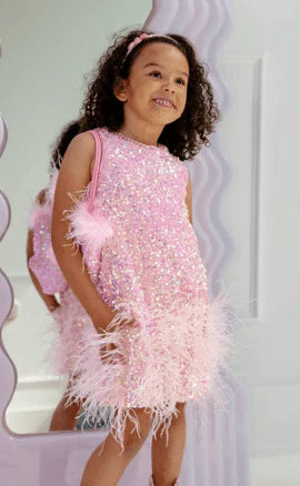Model Wearing Lola And The Boys Sequin Feather Pretty Dress
