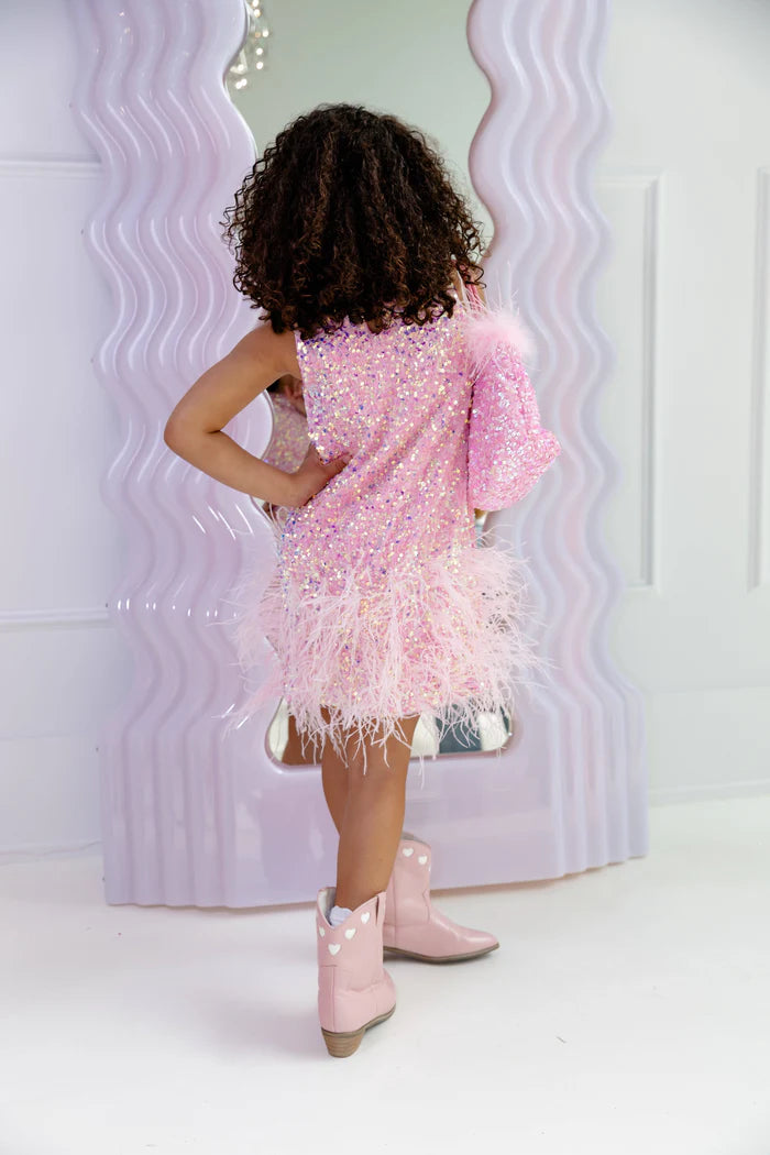 Model Wearing Lola And The Boys Sequin Feather Pretty Dress