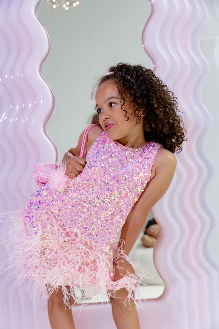 Model Wearing Lola And The Boys Sequin Feather Pretty Dress