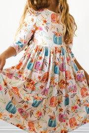 Model Wearing Mila & Rose Harvest Blooms 3/4 Sleeve Pocket Twirl Dress