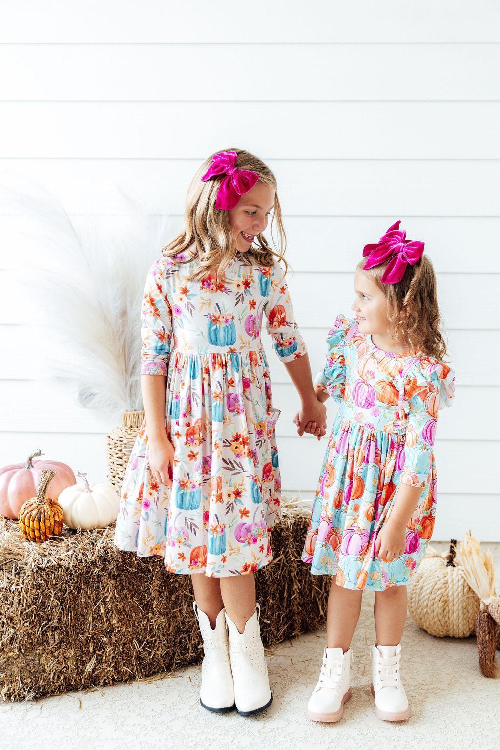 Models Wearing Mila & Rose Harvest Blooms 3/4 Sleeve Pocket Twirl Dress