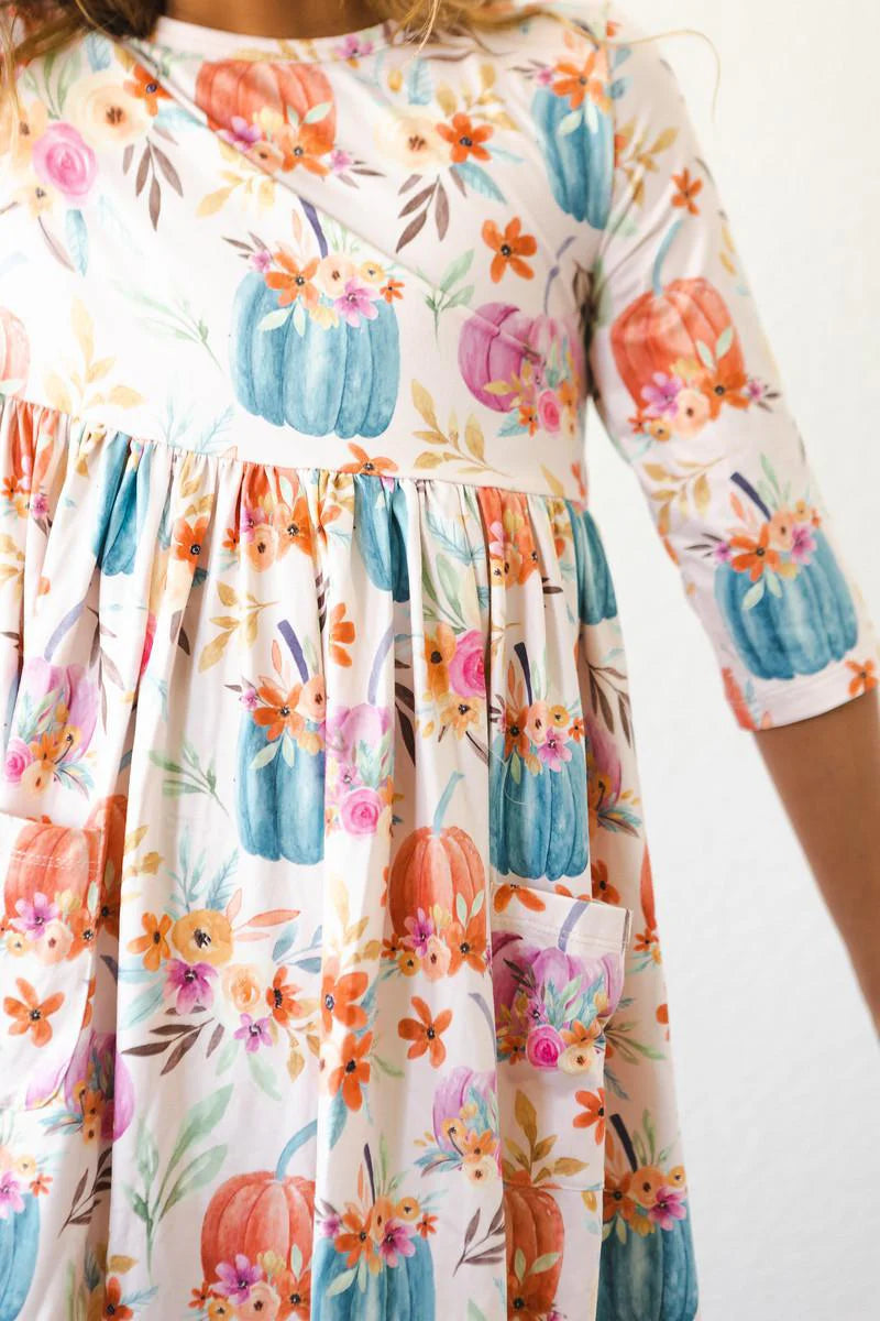 Model Wearing Mila & Rose Harvest Blooms 3/4 Sleeve Pocket Twirl Dress