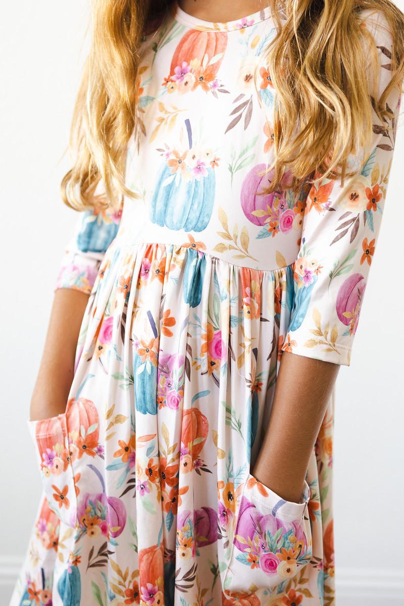 Model Wearing Mila & Rose Harvest Blooms 3/4 Sleeve Pocket Twirl Dress