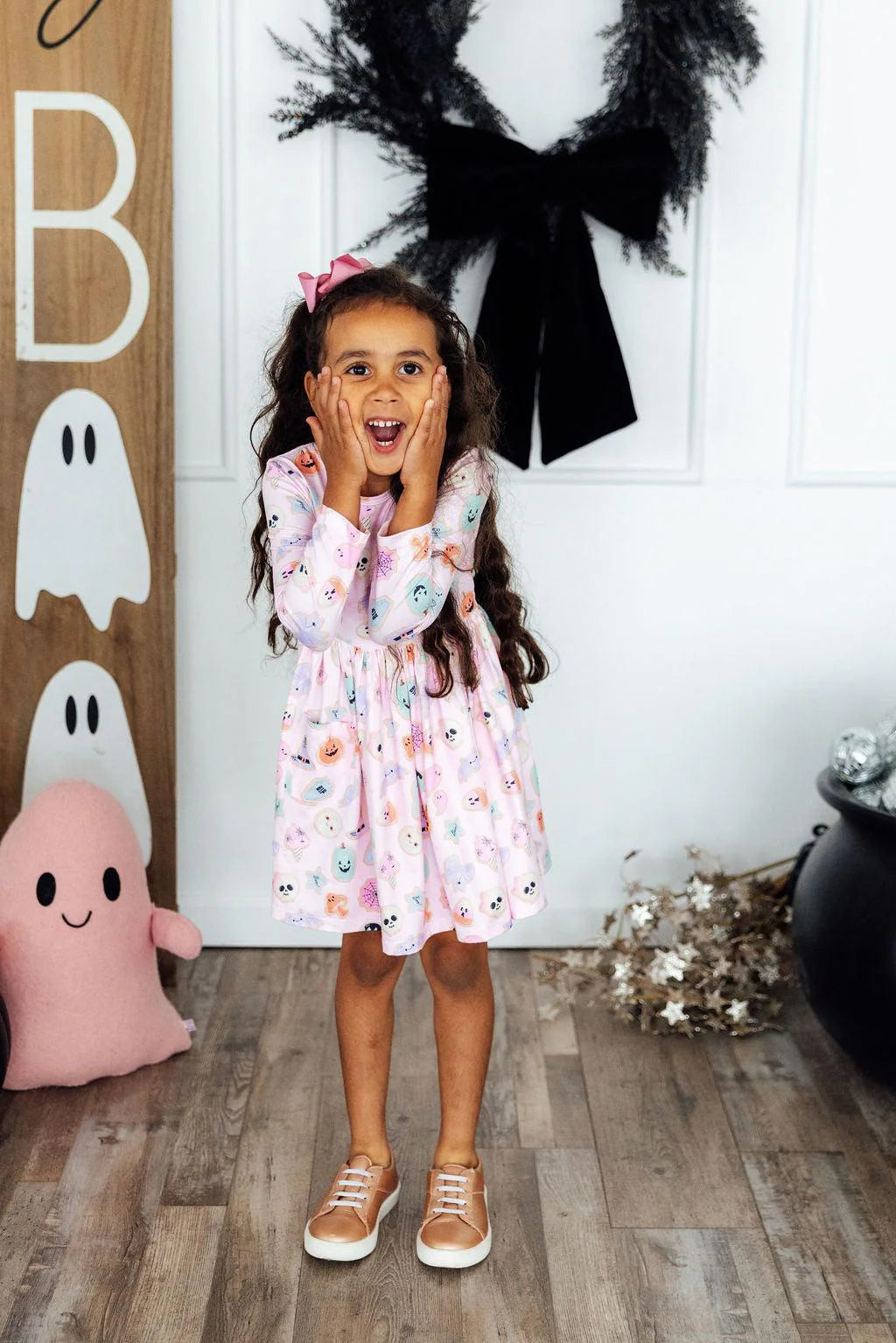 Model Wearing Mila & Rose Sugar Rush Long Sleeve Pocket Twirl Dress 