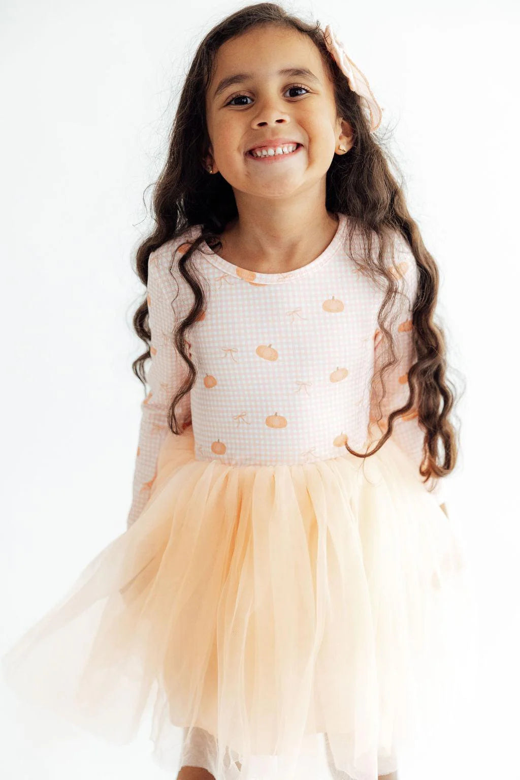 Model Wearing Mila & Rose Gingham Pumpkins Long Sleeve Tutu Dress