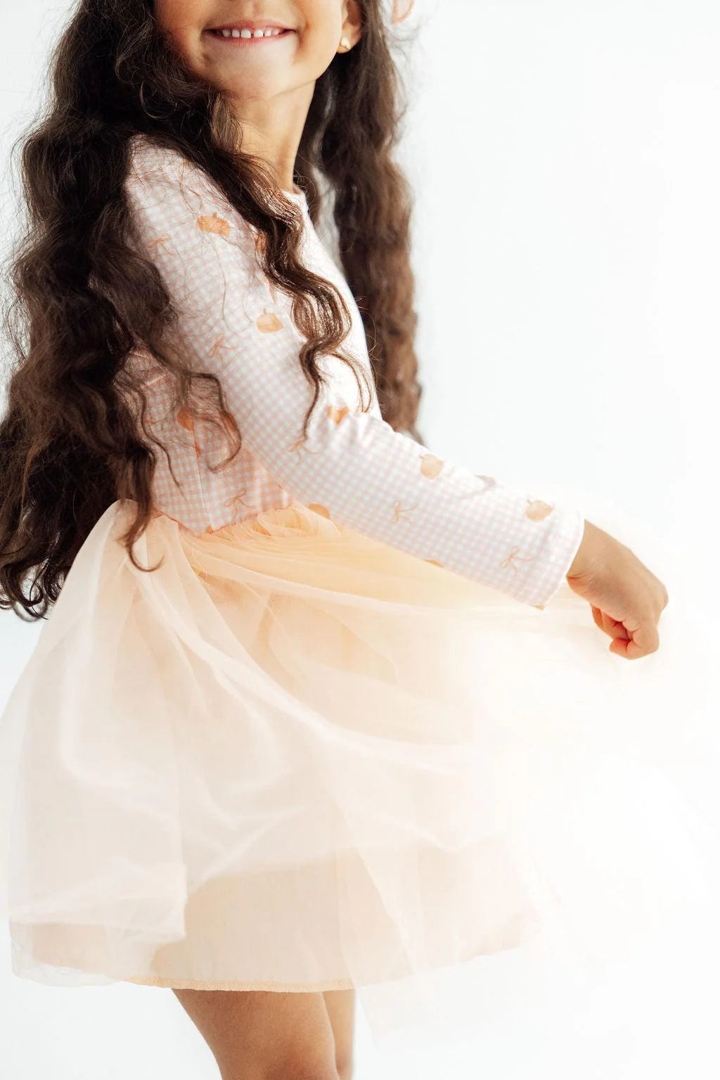 Model Wearing Mila & Rose Gingham Pumpkins Long Sleeve Tutu Dress